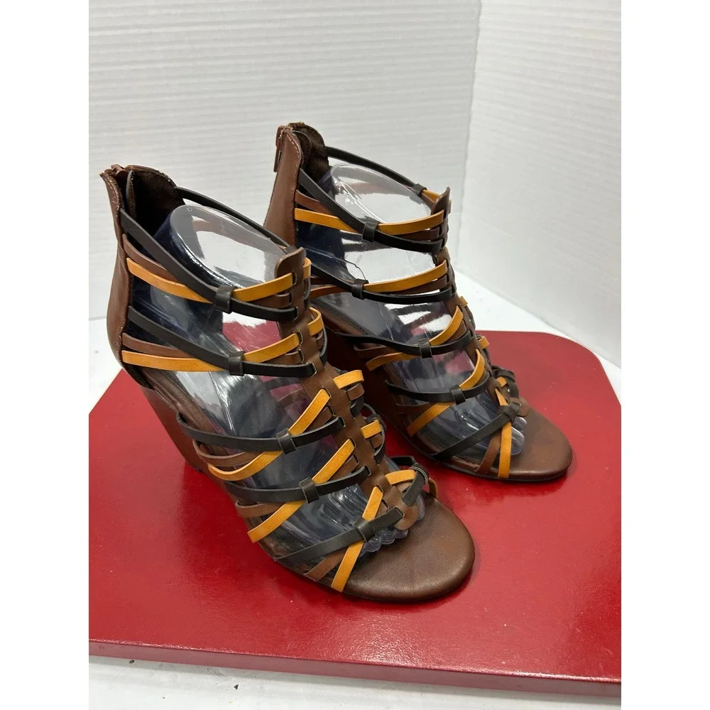 MIA Strappy Gladiator Wedge 8 Brown Multi Cage Zip Back Boho Festival Summer